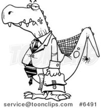 Cartoon Black and White Line Drawing of an Old Business Dinosaur by Toonaday