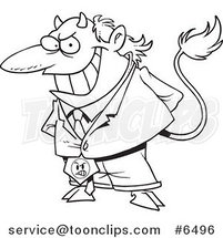 Cartoon Black and White Line Drawing of a Director Devil by Toonaday