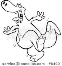 Cartoon Black and White Line Drawing of a Dancing Dinosaur by Toonaday