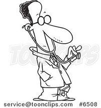 Cartoon Black and White Line Drawing of a Black Doctor Holding out a Stethoscope by Toonaday