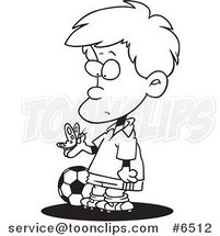 Cartoon Black and White Line Drawing of a Distracted Soccer Boy Admiring a Butterfly by Toonaday
