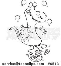 Cartoon Black and White Line Drawing of a Dinosaur Juggling on a Unicycle by Toonaday