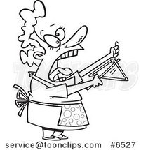 Cartoon Black and White Line Drawing of a Lady Shouting and Ringing a Dinner Bell by Toonaday