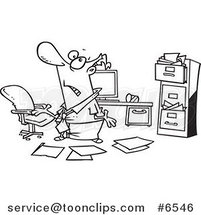 Cartoon Black and White Line Drawing of a Disorganized Business Man in a Messy Office by Toonaday