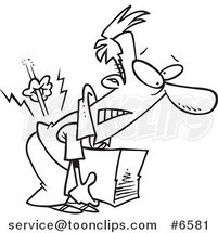 Cartoon Black and White Line Drawing of a Guy Hurting His Back While Picking up a Box by Toonaday