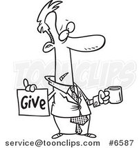 Cartoon Black and White Line Drawing of a Broke Business Man Holding a Cup and Give Sign by Toonaday