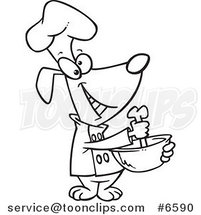 Cartoon Black and White Line Drawing of a Chef Dog Mixing with a Bone by Toonaday