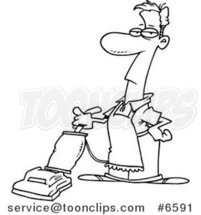 Cartoon Black and White Line Drawing of a Guy Vacuuming by Toonaday