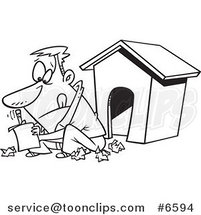 Cartoon Black and White Line Drawing of a Guy Writing a Letter by a Dog House by Toonaday