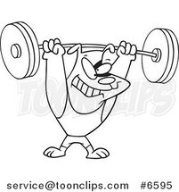 Cartoon Black and White Line Drawing of a Dog Lifting Weights by Toonaday