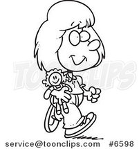 Cartoon Black and White Line Drawing of a Girl Walking with Her Doll by Toonaday