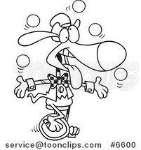 Cartoon Black and White Line Drawing of a Dog Juggling and Unicycling by Toonaday
