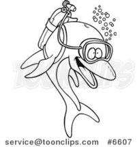 Cartoon Black and White Line Drawing of a Scuba Dolphin by Toonaday