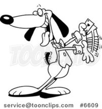Cartoon Black and White Line Drawing of a Dog Shuffling Playing Cards by Toonaday