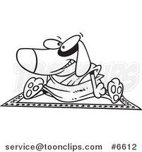 Cartoon Black and White Line Drawing of a Doggie Lama Sitting on a Rug by Toonaday