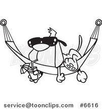 Cartoon Black and White Line Drawing of a Dog Lounging on a Hammock by Toonaday