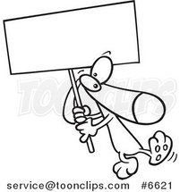 Cartoon Black and White Line Drawing of a Dog Carrying a Sign by Toonaday