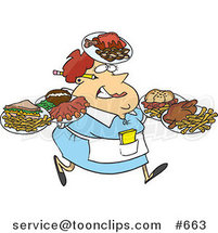 Cartoon Fat Female Waitress Carrying Many Plates by Toonaday