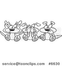 Cartoon Black and White Line Drawing of Hear No See No and Speak No Evil Dogs by Toonaday
