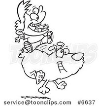 Cartoon Black and White Line Drawing of a Boy Riding a Dog by Toonaday