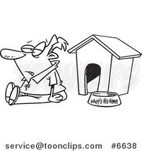 Cartoon Black and White Line Drawing of a Guy Sitting by a Dog House by Toonaday