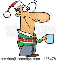 Cartoon Guy Wearing a Christmas Sweater and Santa Hat and Holding a Coffee Cup at a Party by Toonaday