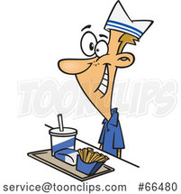Cartoon White Fast Food Worker Guy with a Tray of Food at a Counter by Toonaday