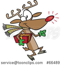 Cartoon Rudolph Reindeer Carrying a Christmas Present by Toonaday