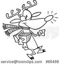 Cartoon Black and White Rudolph Reindeer Carrying a Christmas Present by Toonaday