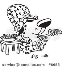 Cartoon Black and White Line Drawing of a Dog Munching on Bones and Watching Tv by Toonaday