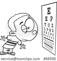 Cartoon Outline Boy Reading an Eye Chart During an Exam by Toonaday