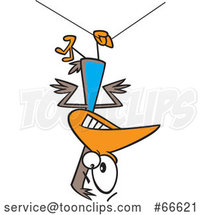 Cartoon Clumsy Bird Hanging Upside down from a Wire by Toonaday