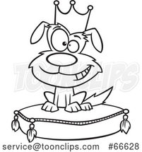 Lineart Cartoon Pampered Dog Wearing a Crown and Sitting on a Pillow by Toonaday