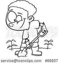 Lineart Cartoon Black Boy Digging in a Garden by Toonaday