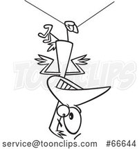 Lineart Cartoon Clumsy Bird Hanging Upside down from a Wire by Toonaday