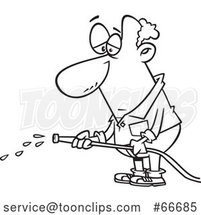 Cartoon Black and White Depressed Guy with a Faint Stream Coming out of His Garden Hose by Toonaday