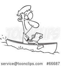 Cartoon Black and White Guy Streaming Videos on His Tablet While Floating in a Boat by Toonaday