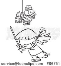 Cartoon Outline Girl Swinging a Stick Under a Pinata by Toonaday