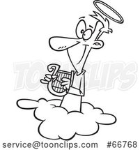 Cartoon Outline Angel Holding a Lyre on a Cloud by Toonaday