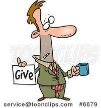Cartoon Broke Business Man Holding a Cup and Give Sign by Toonaday