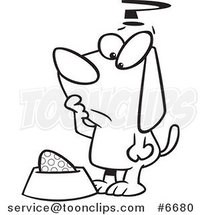 Cartoon Black and White Line Drawing of a Confused Dog Staring at an Egg in His Dish by Toonaday