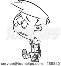 Cartoon Black and White Sad Boy with a Broken Leg, Using Crutches by Toonaday