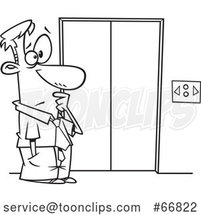 Cartoon Black and White Businessman at an Elevator That Moves Sideways by Toonaday