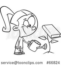 Cartoon Black and White Girl Watering a Book Plant by Toonaday