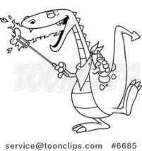 Cartoon Black and White Line Drawing of a Dragon Roasting Sausage by Toonaday