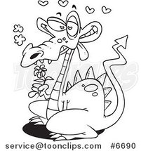 Cartoon Black and White Line Drawing of a Romantic Dragon by Toonaday