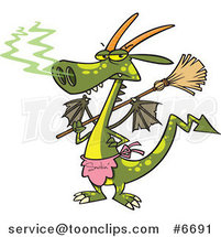 Cartoon Dragon Wearing an Apron and Holding a Broom by Toonaday