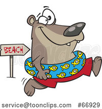 Cartoon Summer Bear Wearing an Inner Tube and Running to the Beach by Toonaday