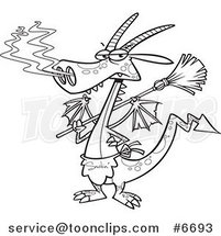 Cartoon Black and White Line Drawing of a Dragon Wearing an Apron and Holding a Broom by Toonaday