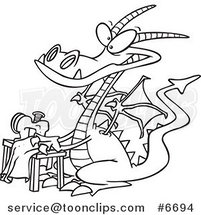 Cartoon Black and White Line Drawing of a Sewing Dragon by Toonaday